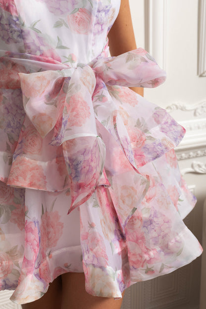 Floral Halterneck Ruffle Mini Dress - Pink