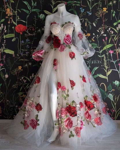 Floral Prom Dress 2023 with Puffy Sleeves Sweetheart Tulle with Slit