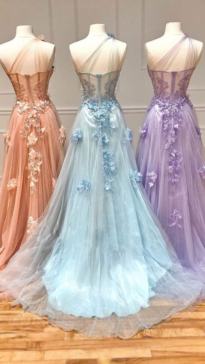 Floral Prom Dress 2024 One-shoulder Tulle Zipper Up