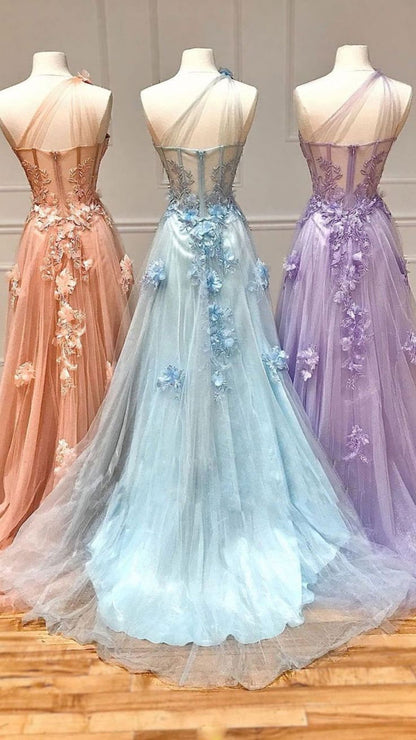 Floral Prom Dress 2024 One-shoulder Tulle Zipper Up