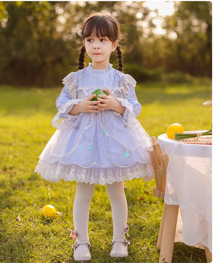 Girls Lolita Dress Sweet Love Light Blue Long Sleeves Lace Jersey with Bow(s)