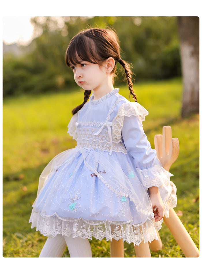 Girls Lolita Dress Sweet Love Light Blue Long Sleeves Lace Jersey with Bow(s)
