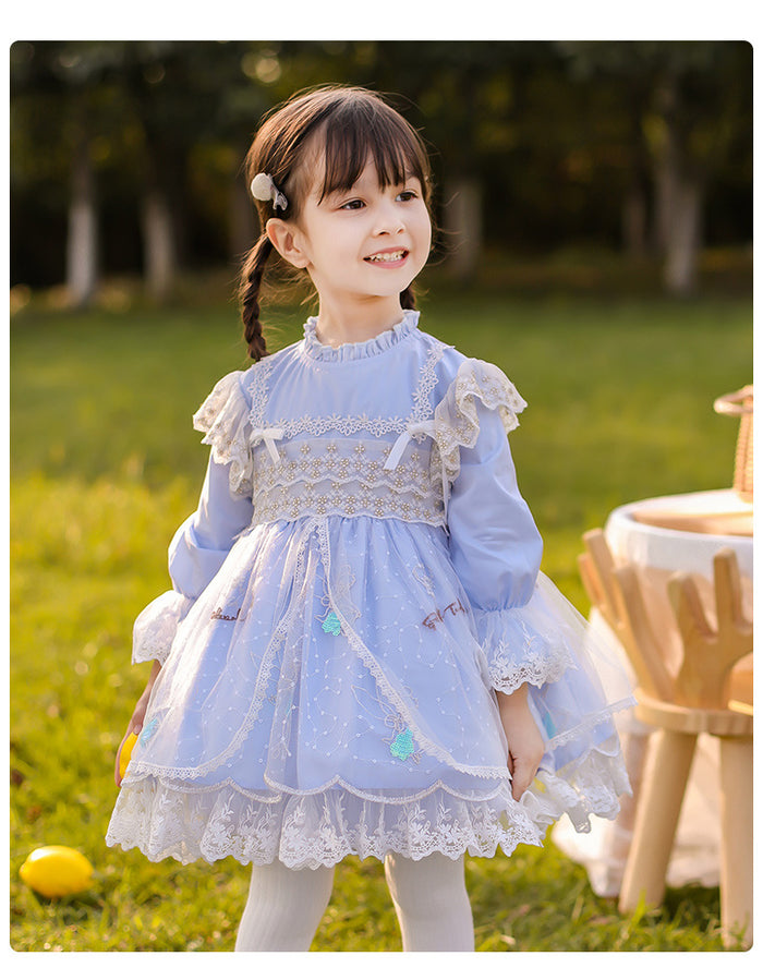 Girls Lolita Dress Sweet Love Light Blue Long Sleeves Lace Jersey with Bow(s)