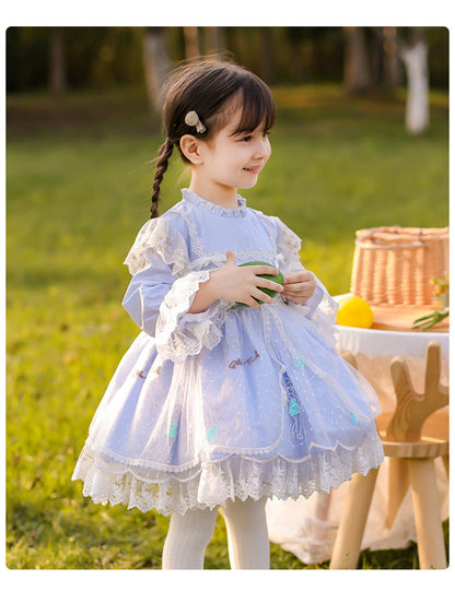 Girls Lolita Dress Sweet Love Light Blue Long Sleeves Lace Jersey with Bow(s)
