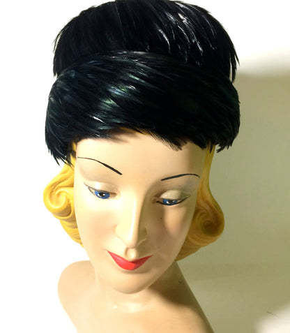 Glossy Black Swirled Feather Tiered Cocktail Hat circa 1960s