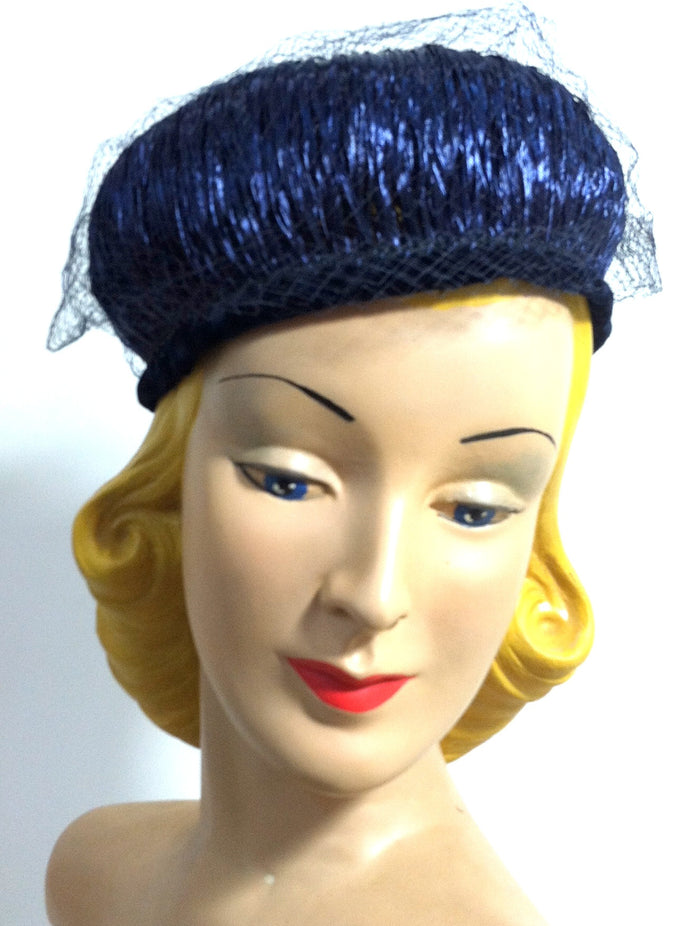 Glossy Raffia Wrapped Blue Veil Topped Hat circa 1960s Dorothea's Closet Vintage Hat