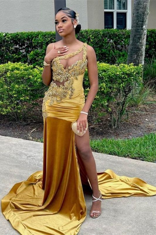 Gold Velvet Black Girls Prom Dress 2025 Gorgeous with Slit