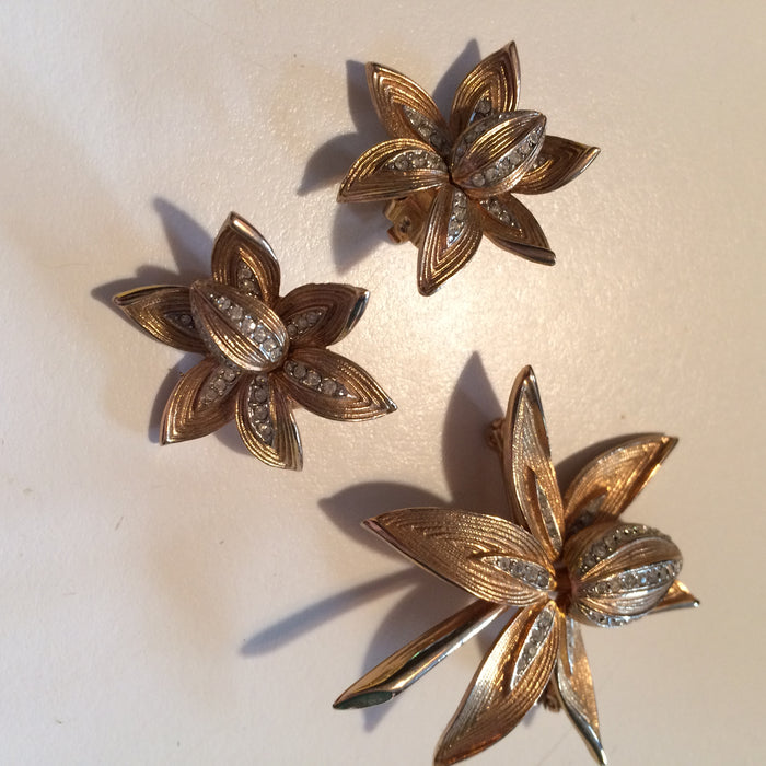 Golden Orchid Rhinestone Adorned Brooch and Earrings Demi Set circa 1940s