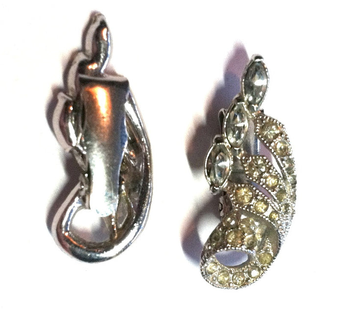 Graceful Curving Silver and Rhinestone Clip Earrings circa 1940s