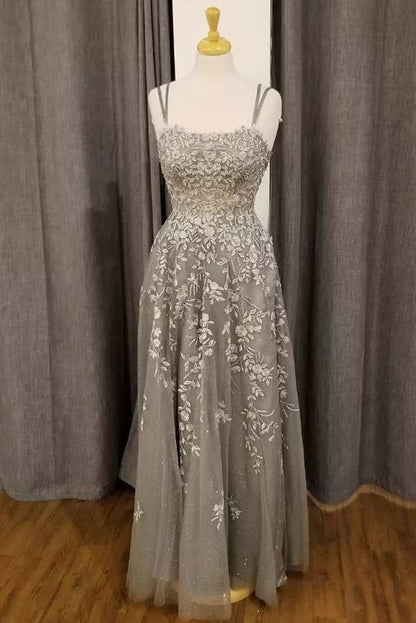 Gray Prom Dress 2024 Spaghetti Straps Tulle Lace Appliques