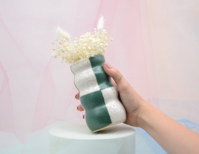 Green and White Checkered Vase - Juice Ceramics