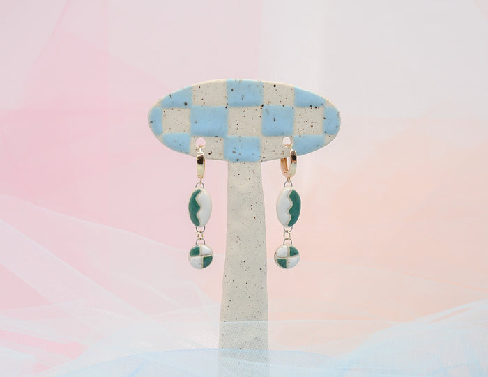 Green and White Squiggle Earrings - Juice Ceramics