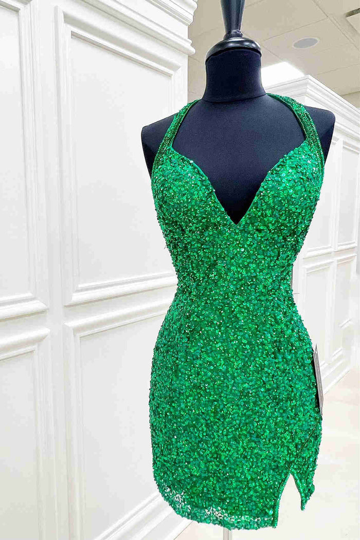 Green Homecoming Dress 2023 Short Halter Neck Sequin Corset Back Slit