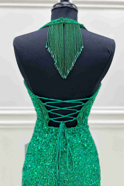 Green Homecoming Dress 2023 Short Halter Neck Sequin Corset Back Slit