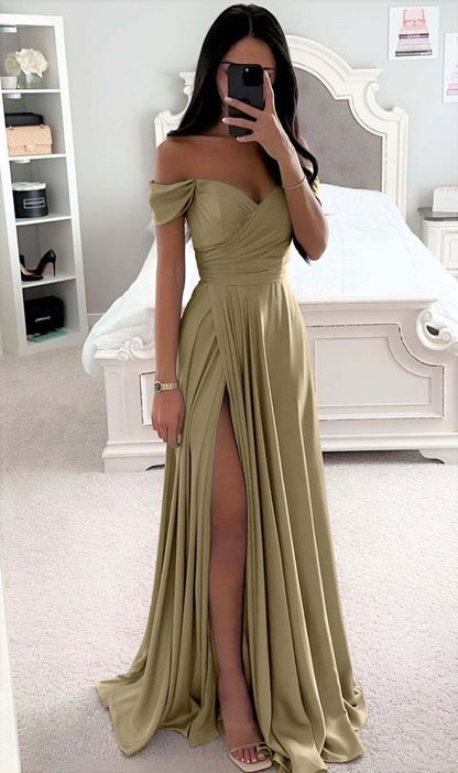 Green Prom Dress 2024 Off the Shoulder Satin with Pleats Slit