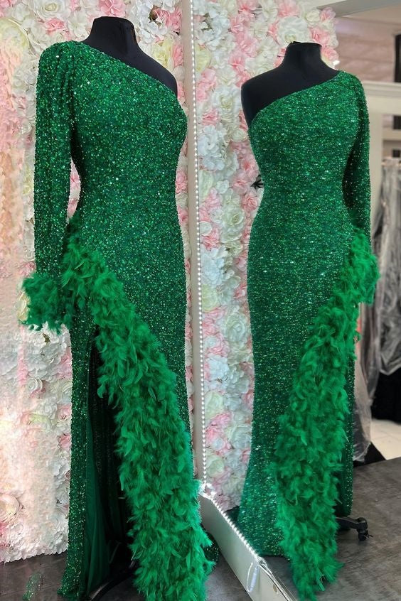 Green Prom Dress 2024 One-shoulder Sequin with Slit