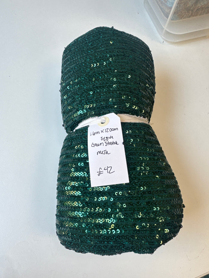 Green Sequin Stretch Mesh Remnant