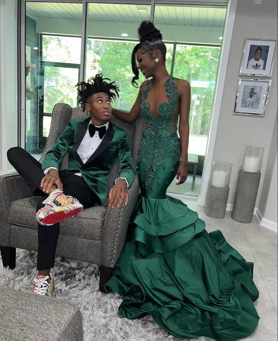 Green Velvet with Black Satin Lapels Prom Tuxedo Jacket Pants