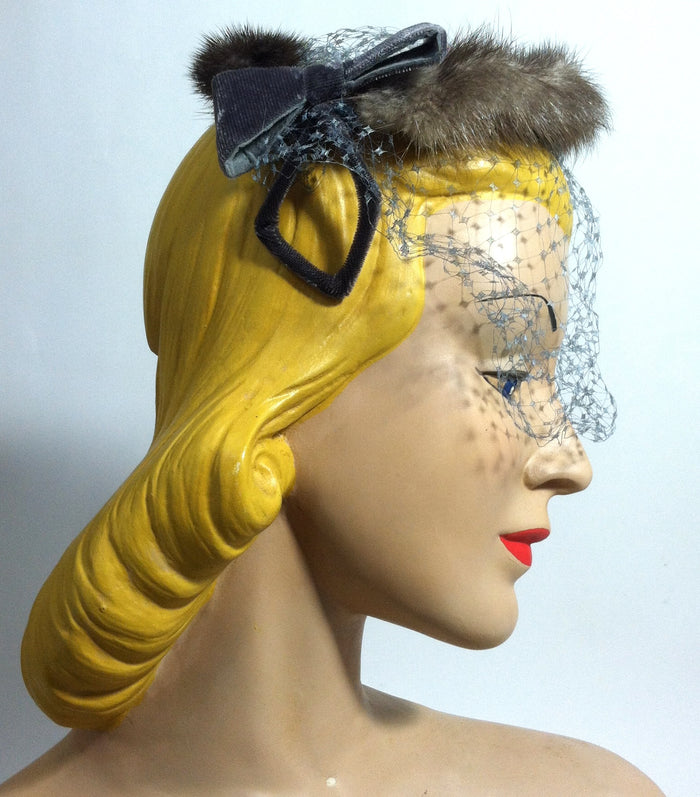 Grey Velvet Bow and Chocolate Mink Cocktail Hat circa 1950s Dorothea's Closet Vintage Hat