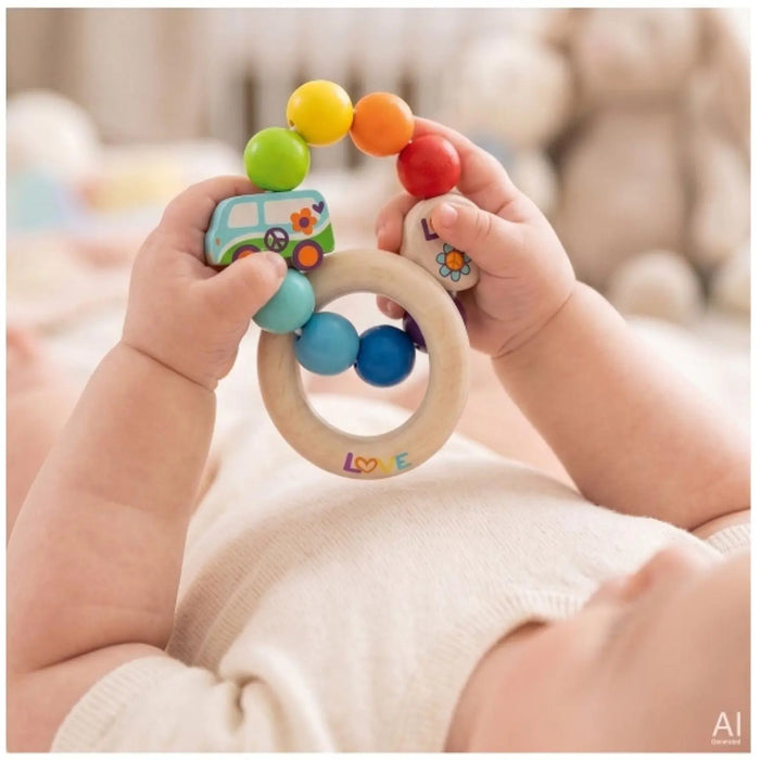 Hochet en bois bébé Goki arc-en-ciel voiture