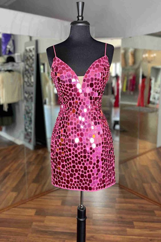 Hot Pink Homecoming Dress 2023 Short Tight Spaghetti Straps Sequin Sparkly