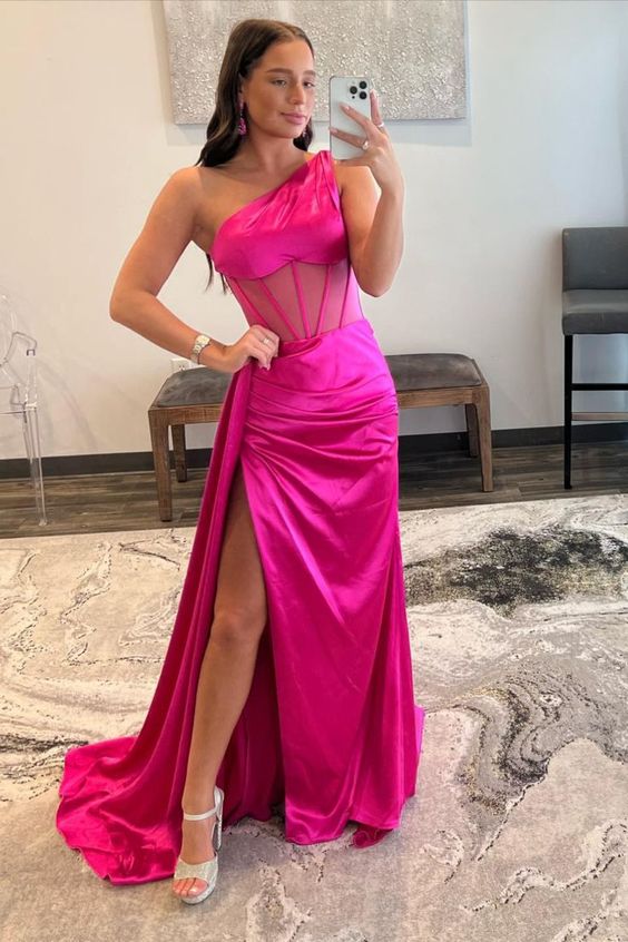 Hot Pink Prom Dress 2024 One-shoulder Satin with Slit