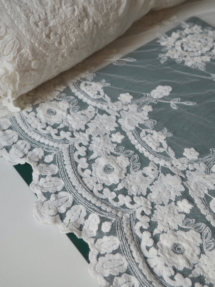 Ivory Scallop Motif Embroidered Soft Mesh