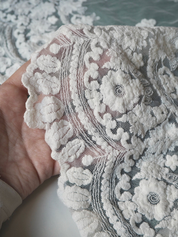 Ivory Scallop Motif Embroidered Soft Mesh