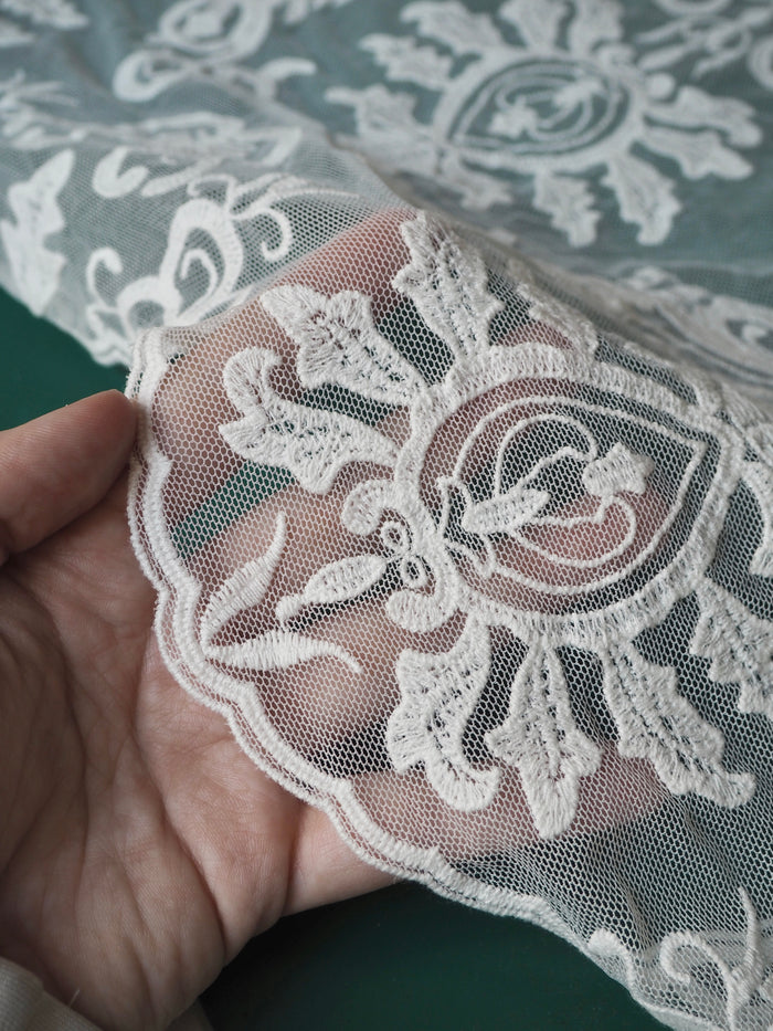 Ivory Swirl Scallop Embroidered Soft Mesh