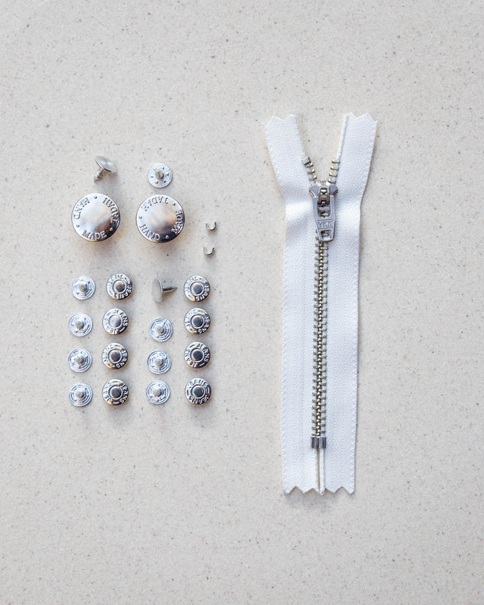 White Zip Tape + Silver Hardware