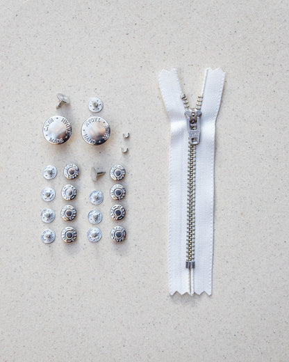 White Zip Tape + Silver Hardware