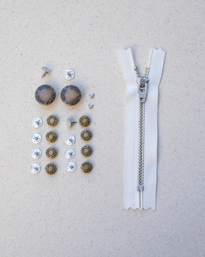 White Zip Tape + Antique Brass Hardware