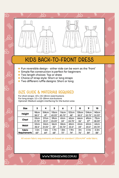 Kids Back to Front Dress Sewing Pattern