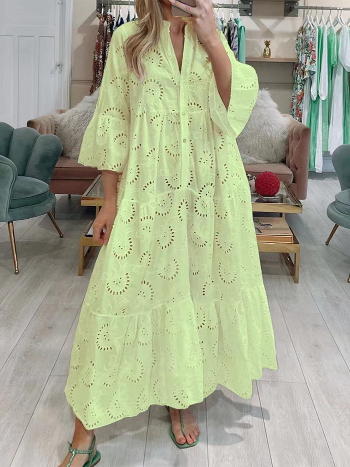 Lace Hollow V-Neck Trumpet Sleeve Dress