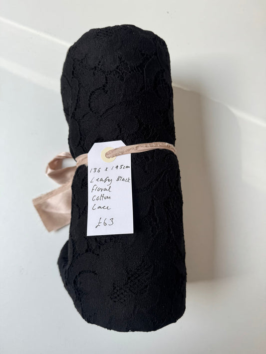 Leafy Black Floral Cotton Lace Remnant
