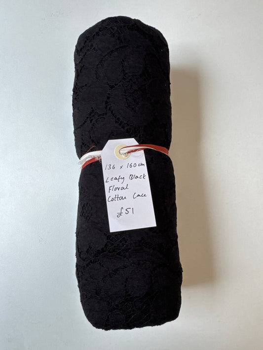 Leafy Black Floral Cotton Lace Remnant