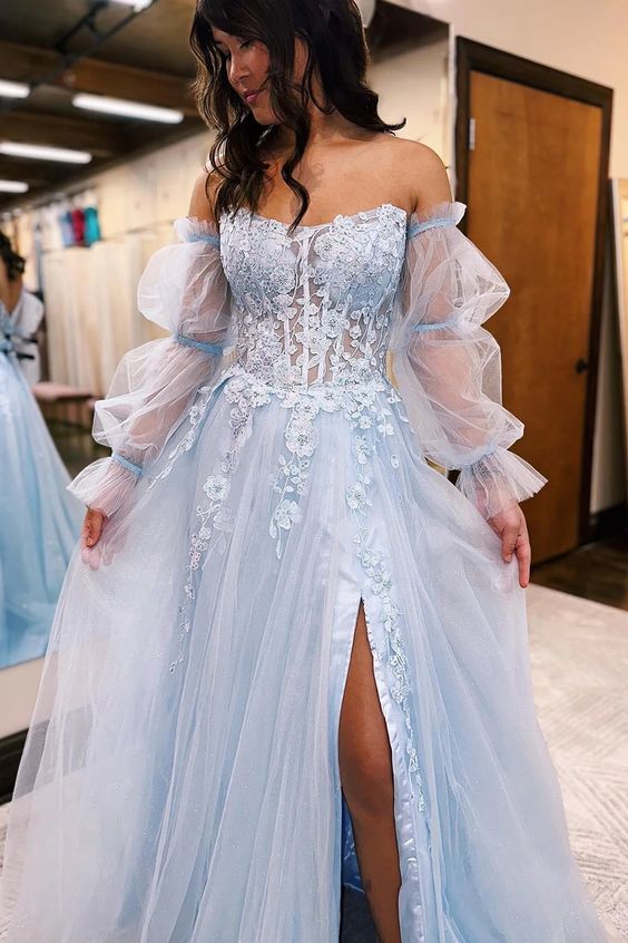 Light Blue Prom Dress 2024 Off the Shoulder Tulle with Long Sleeves