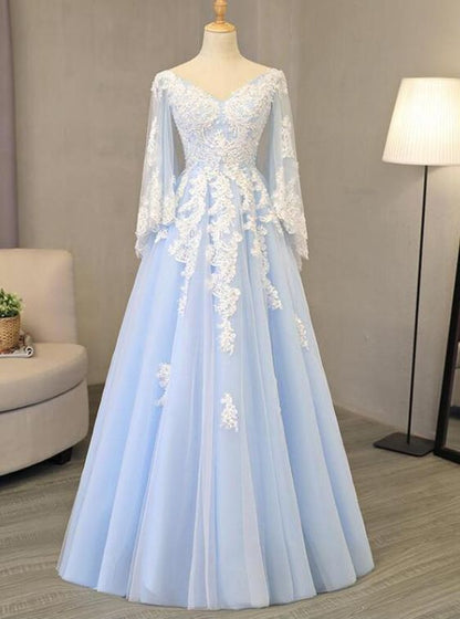 Light Blue Prom Dress 2024 V Neck Long Sleeves Tulle Lace Appliques