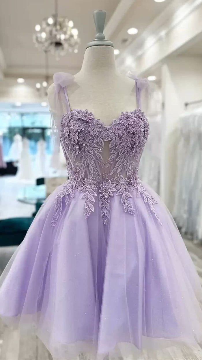 Lilac Prom Dress 2024 Short Spaghetti Straps Tulle Lace Appliques