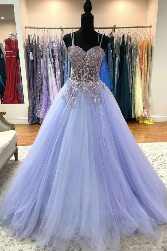 Lilac Prom Dress 2024 Spaghetti Straps Tulle Lace Appliques