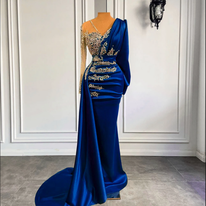 Long Prom Dress 2023 Luxury Mermaid Long Sleeves V Neck Crystal Royal Blue