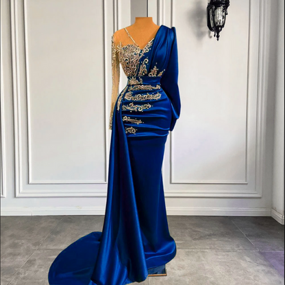 Long Prom Dress 2023 Luxury Mermaid Long Sleeves V Neck Crystal Royal Blue