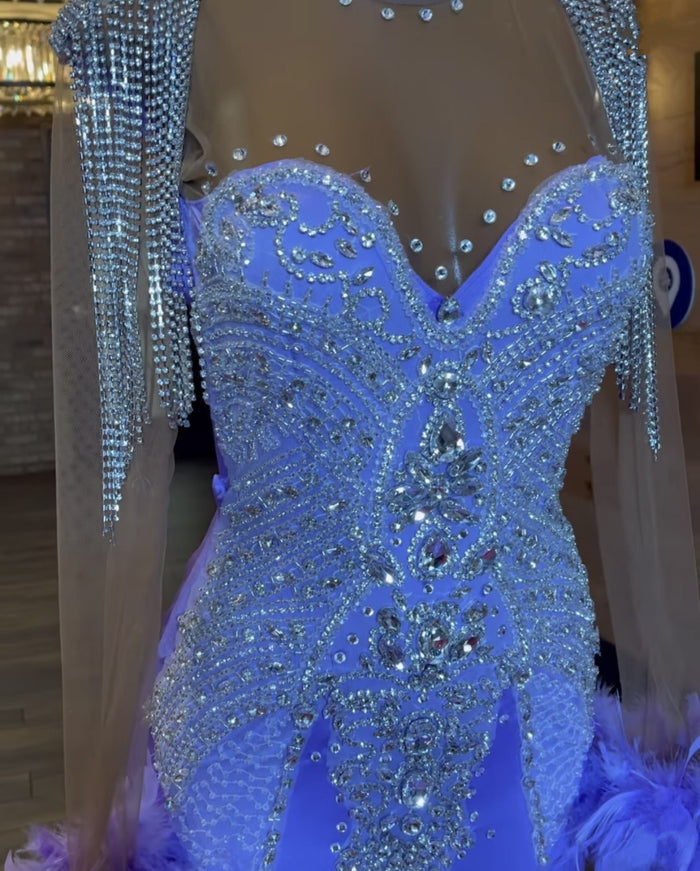 Luxurious Prom Dress 2023 Halter Neck Long Sleeves with Feathers Rhinestones