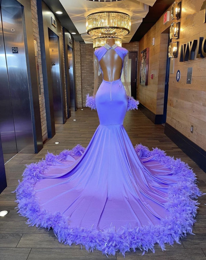 Luxurious Prom Dress 2023 Halter Neck Long Sleeves with Feathers Rhinestones