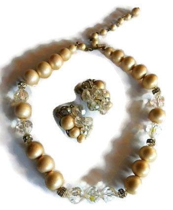 Matte Faux Pearl and Crystal Necklace and Clip Earring Demi Set circa 1960s