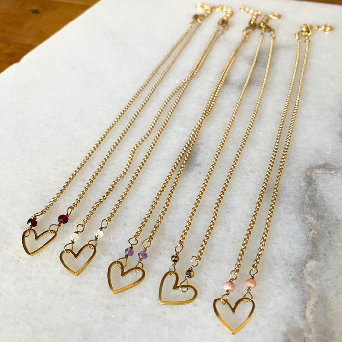 Matte Gold Heart Necklace with Semi-Precious Stones
