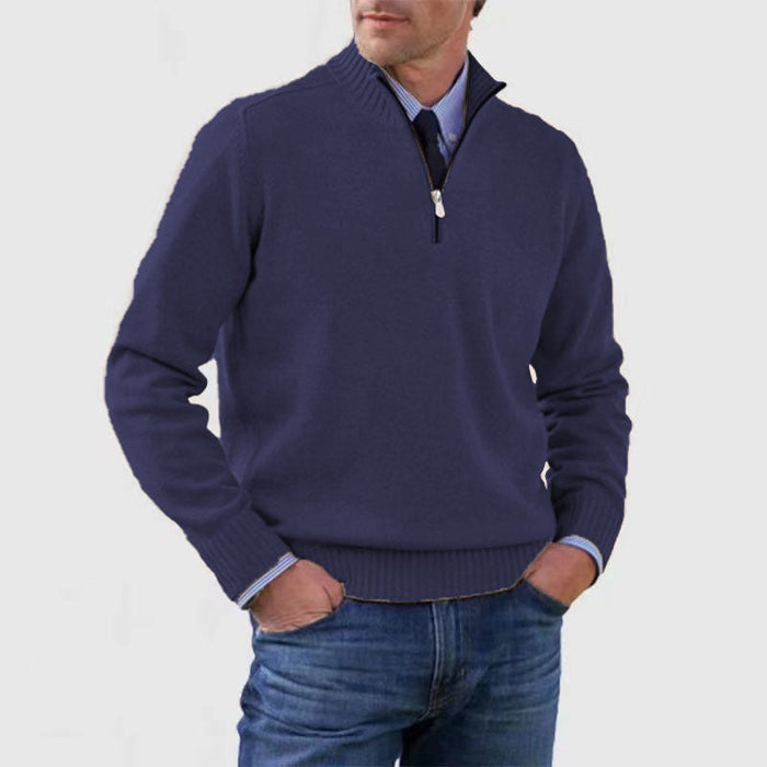 Men's cotton turtleneck sweater with zipper closure.
