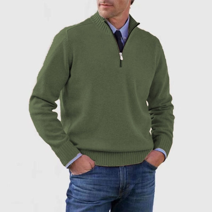 Men's cotton turtleneck sweater with zipper closure.