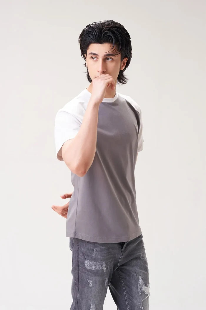 Men's Grey and White Casual Raglan T-Shirt