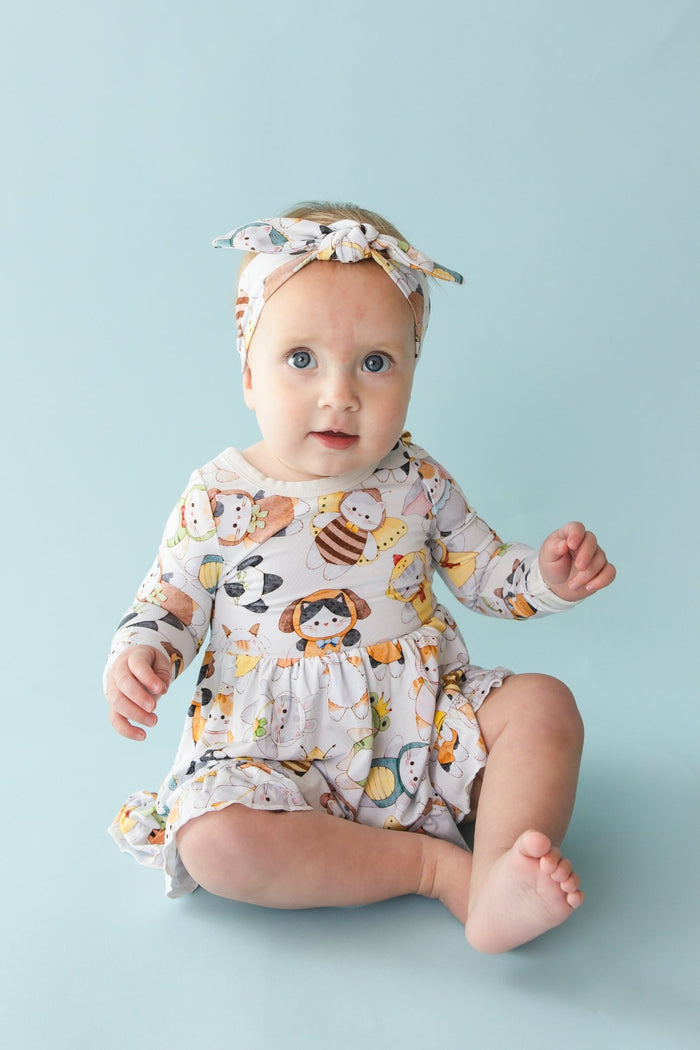Meowster of Disguise Long Sleeve Bodysuit Twirl Dress - Jammie Session